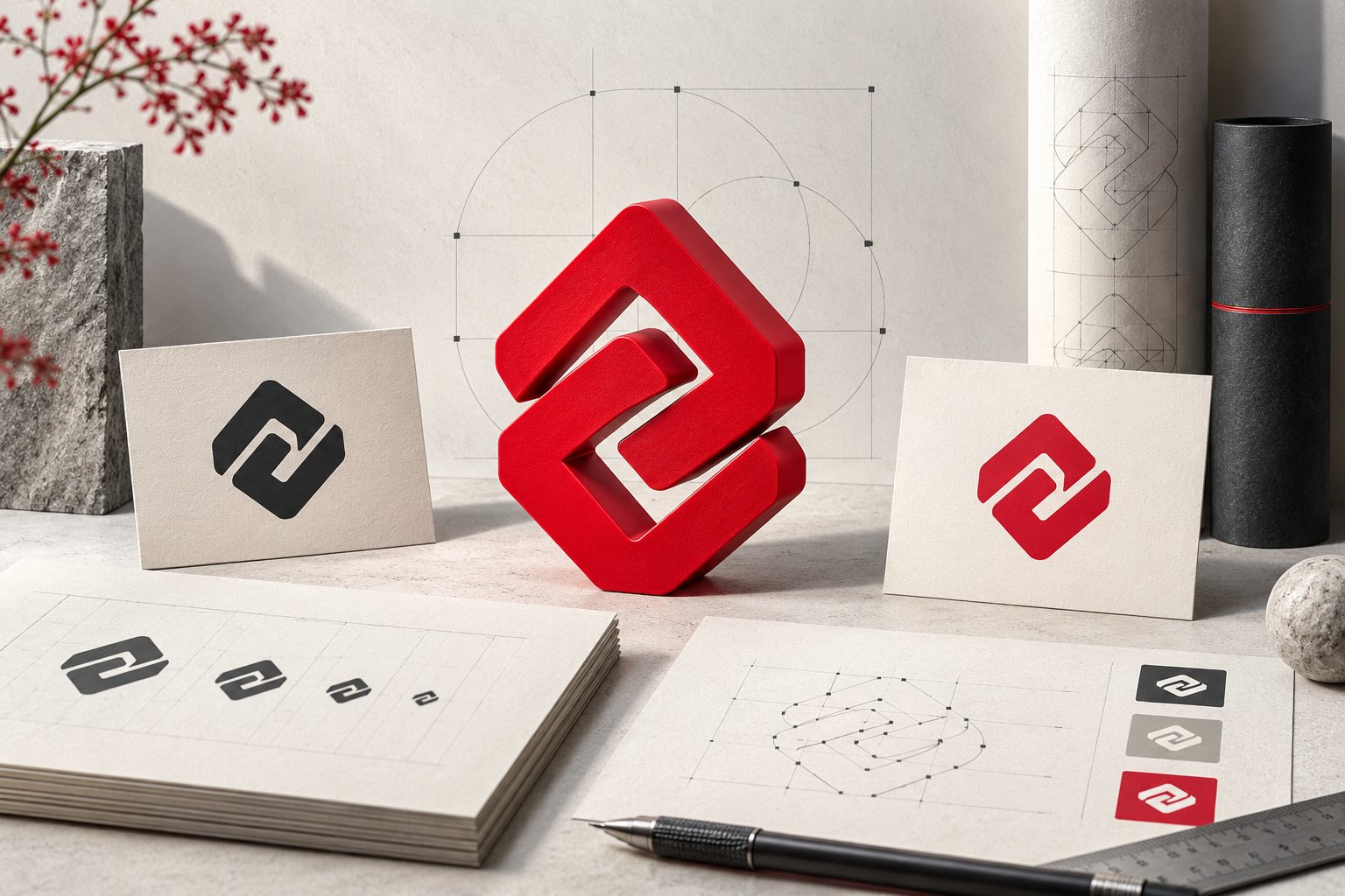 Kırmızı geometrik bir amblemin farklı ölçek ve renklerdeki temsili logo uygulamaları