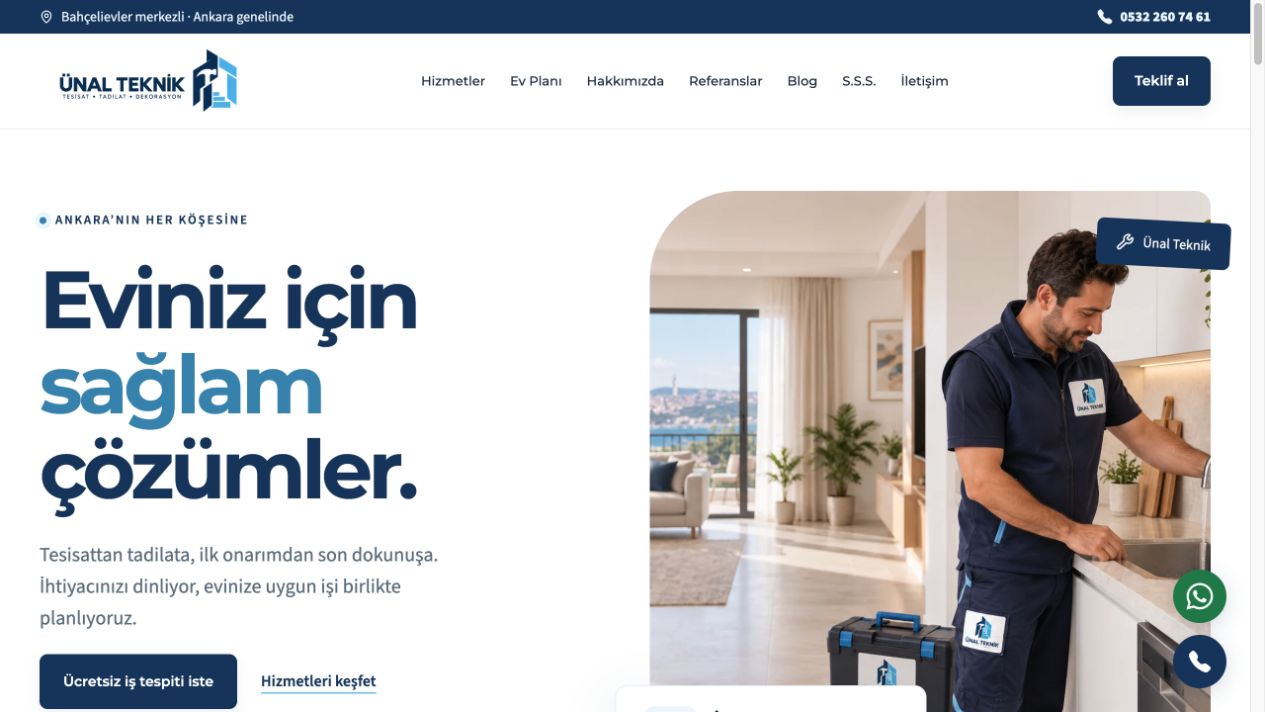 Ünal Teknik web sitesi — Masaüstü görünümü