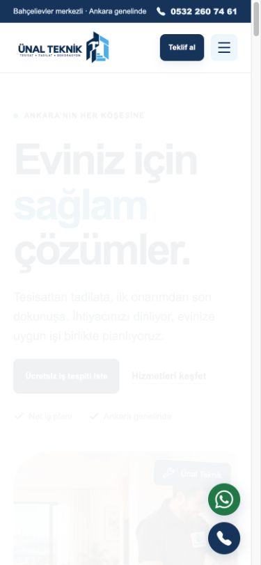 Ünal Teknik web sitesi — Mobil görünüm